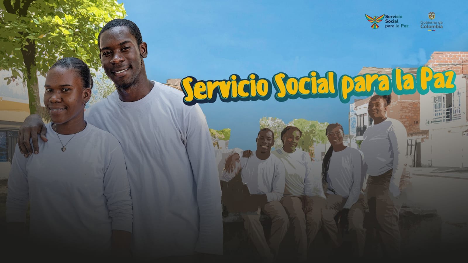 Pareja de jóvenes afro abarzada y atrás más jóvenes de pie con la leyenda Servicio Social para la paz