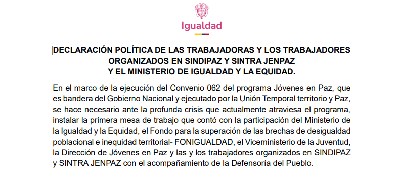 Captura de imágen del documento oficial de la DECLARACIÓN POLITICA EN EL CASO DE JÓVENES EN PAZ