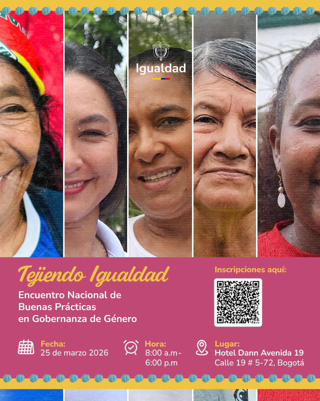 Grafico con el rostro de cinco mujeres en vetical sobre fondo magenyta con la información de lugar, fecha y hora del evento