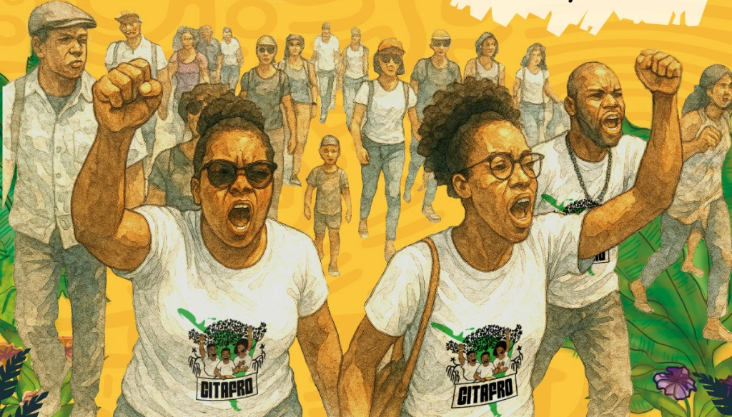 Ilusrtación a color de personas afro que con camisetasa alegóricas a CITAFRO participan en una marcha