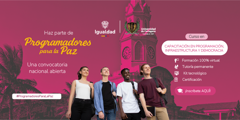 Imagen silueteada de jovenes sobre fondo magenta con logos de MinIgualdad y Universidad de Cartagena bajo la leyenda Haz parte de Programadores para la paz