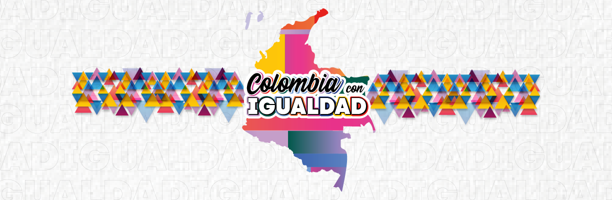 Imagen de la Campaña Colombia con Igualdad. Mapa colorido de Colombia con franja conformada por pequeños triángulos multicolor.