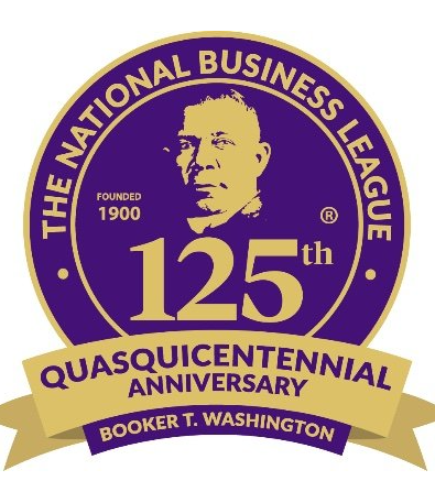 Sello morado con letras doradas en inglés que traduce Liga nacional de negocios aniversario 125 con la ilustración de Booker T. Washington fundador de la Liga