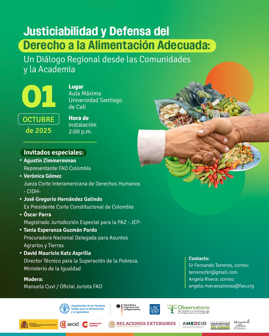 Agena del evento en verde con dos manos que se estrechan sobre imágenes de verduras y tubérculos