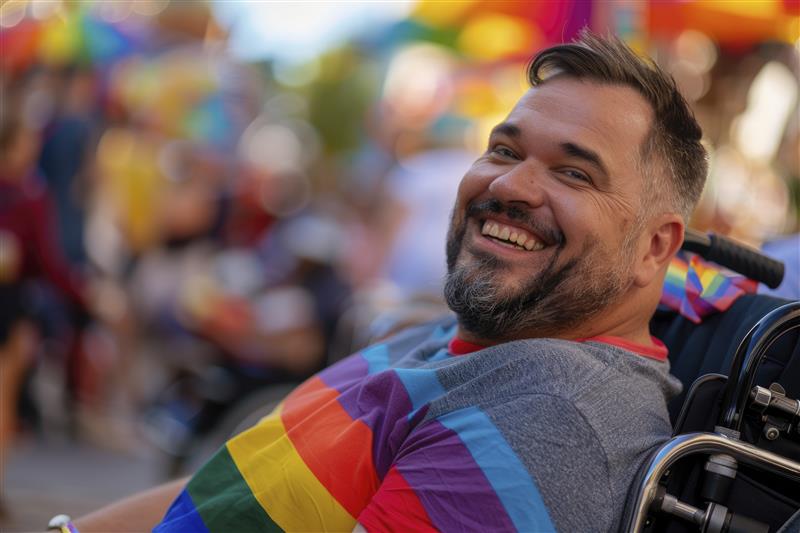 Hombre adulto sonriente en silla de ruedas que viste camiseta con los colores de la bandera LGBTIQ+
