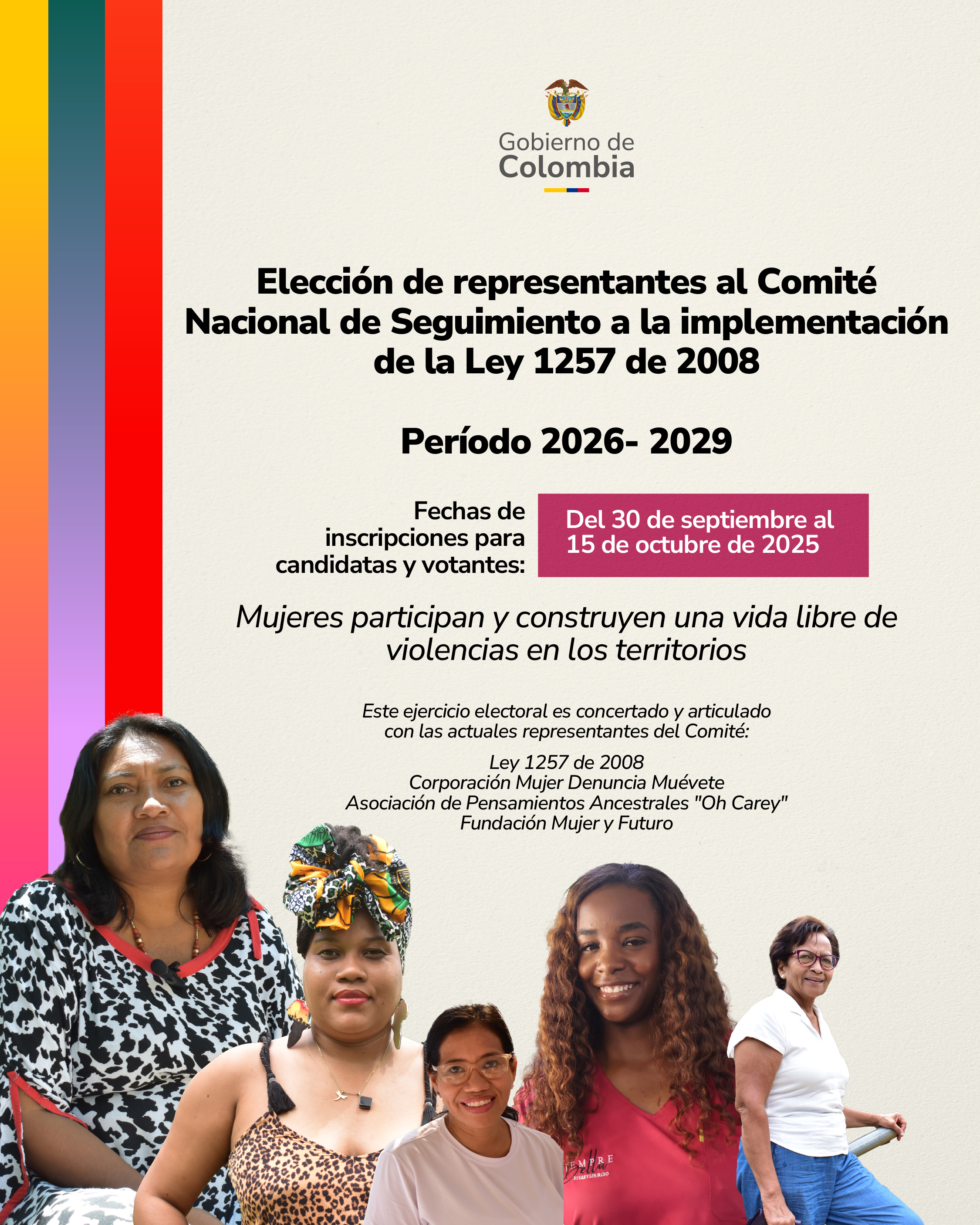 Afiche multicolor con imagenes de varias mujeres y arriba el texto de invitación a la convocatoria