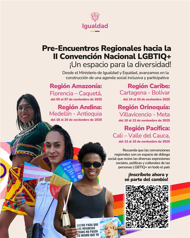 Afiche con la foto de tres Jóvenes afro lgbtiq por delante de la bandera LGBTIQ+, y el cronograma de incripciones