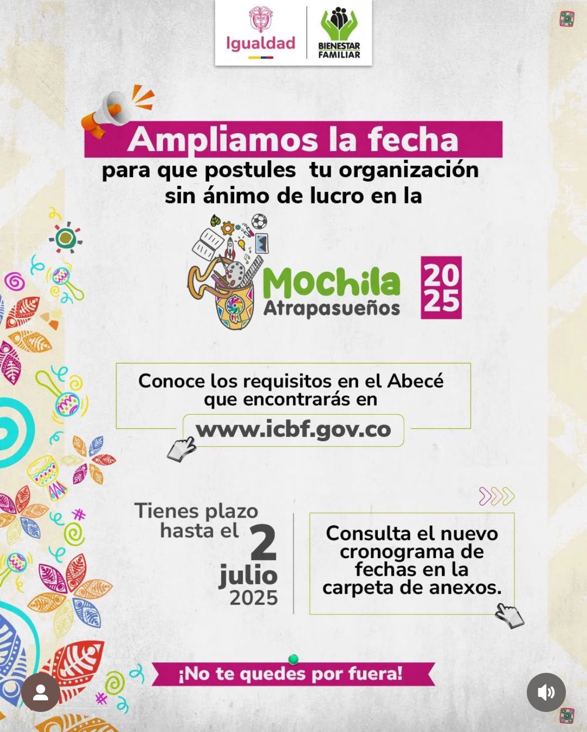Imagen del afiche promocional de la convocatoria Mochila Atrapasueños 2025 que impulsa proyectos comunitarios, culturales y educativos que transfroman la vida de niñas, niños y adolescentes en todo el país.