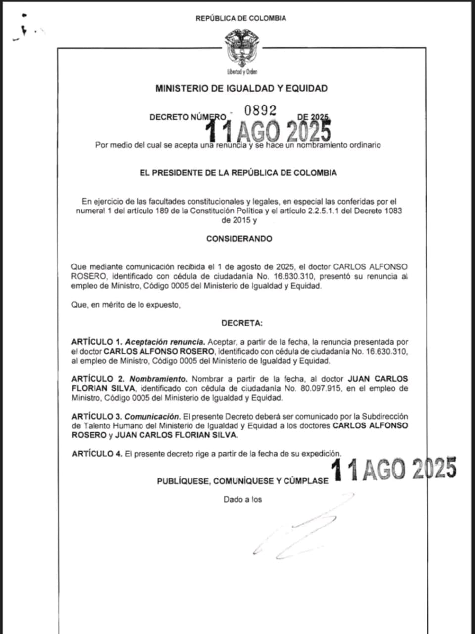 Imagen del decreto 0892 del 11 de agosto de 2025 que nombra a Juan Carlos Florián como ministro de Igualdad y Equidad
